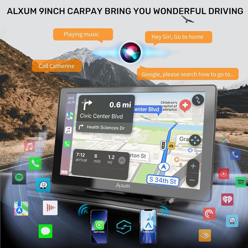 ALXUM شاشة آبل كار بلاي اللاسلكية للسيارة، 9" شاشة تعمل باللمس عالية الدقة، ستيريو سيارة محمول مع أندرويد أوتو، كاميرا خلفية، ربط مرآة، نظام ملاحة GPS، تحكم صوتي، AUX - متوافق مع جميع المركبات - Image 4